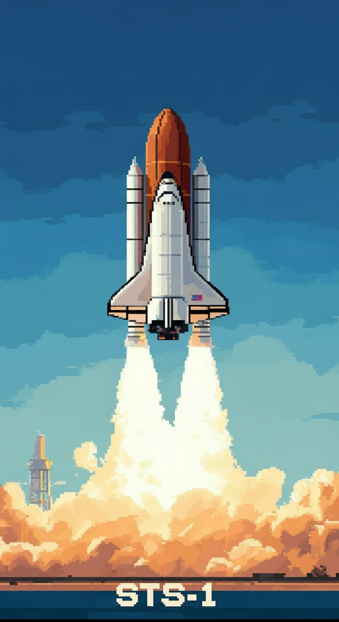 Eine Pixelkunstillustration des Space Shuttle STS-1, das in einen blauen Himmel startet und eine Spur aus Rauch und Flammen hinterlässt. Der Text „STS-1“ befindet sich unten im Bild.