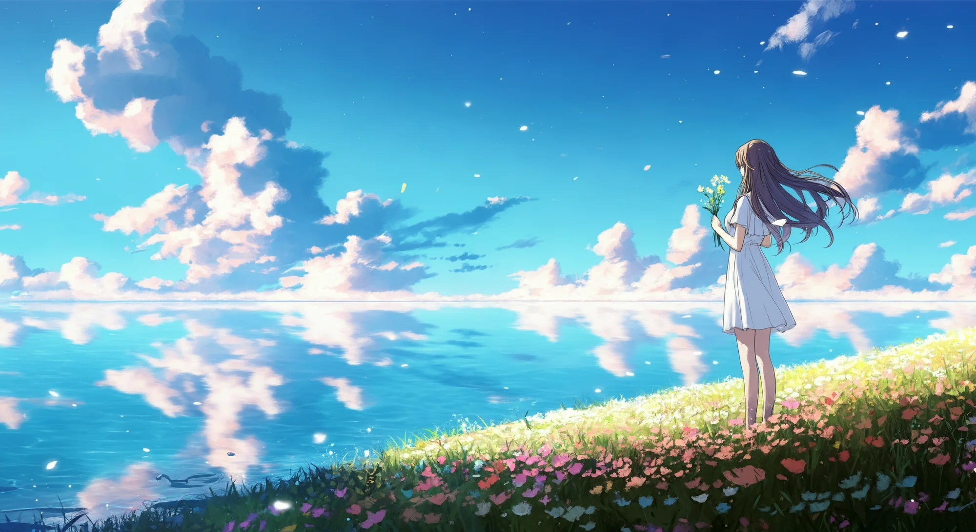 A girl in white dress stands on the bank of an endless lake, holding flowers and looking at the sky full of pink clouds. The sky is reflected by the water surface, creating a beautiful anime scene. There are small hills covered with wildflowers around her, adding to its beauty. Anime style background, purple blue tone, soft light, warm colors, dreamy atmosphere, and romantic emotions.