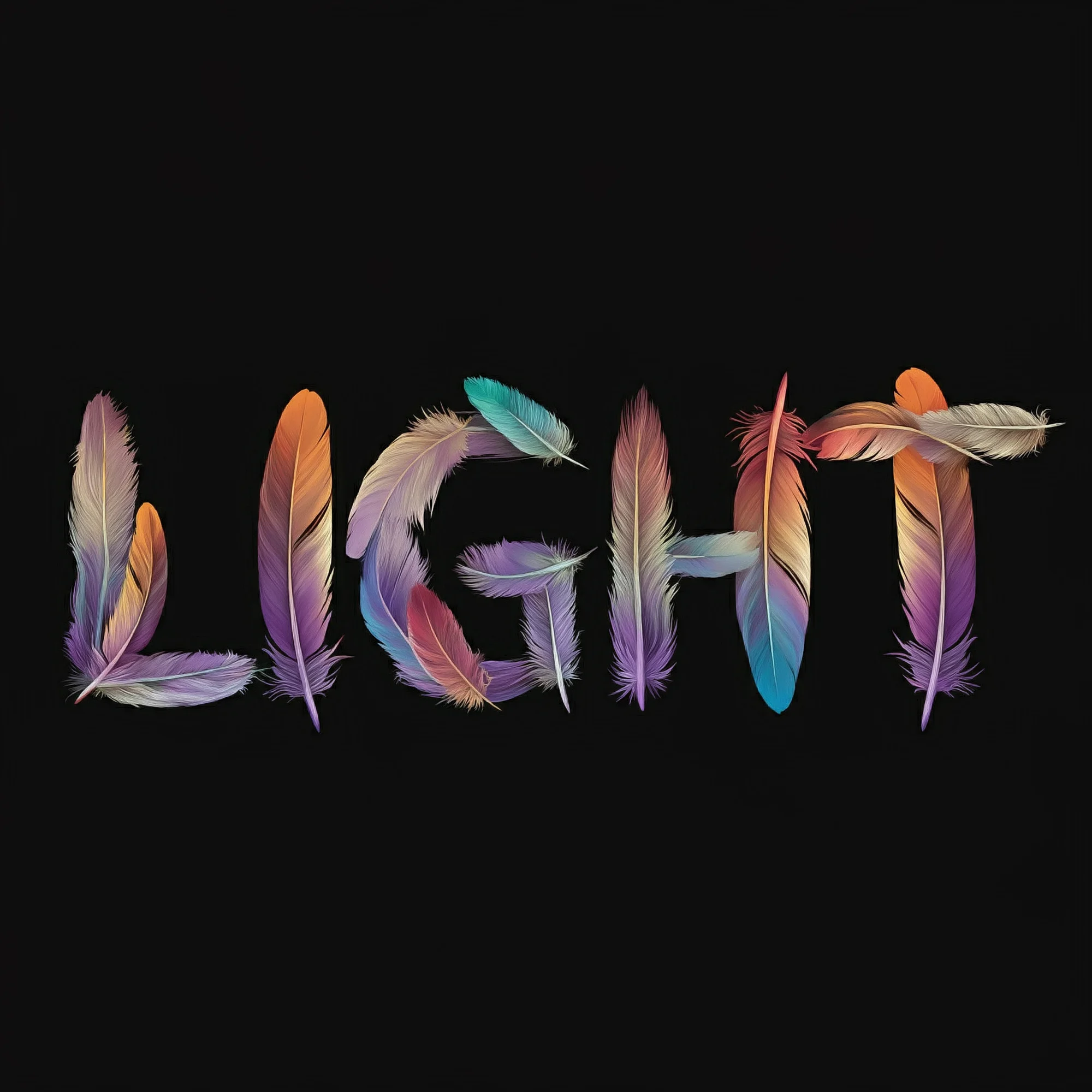 Prompt: Word “light” made from various colorful feathers, black background