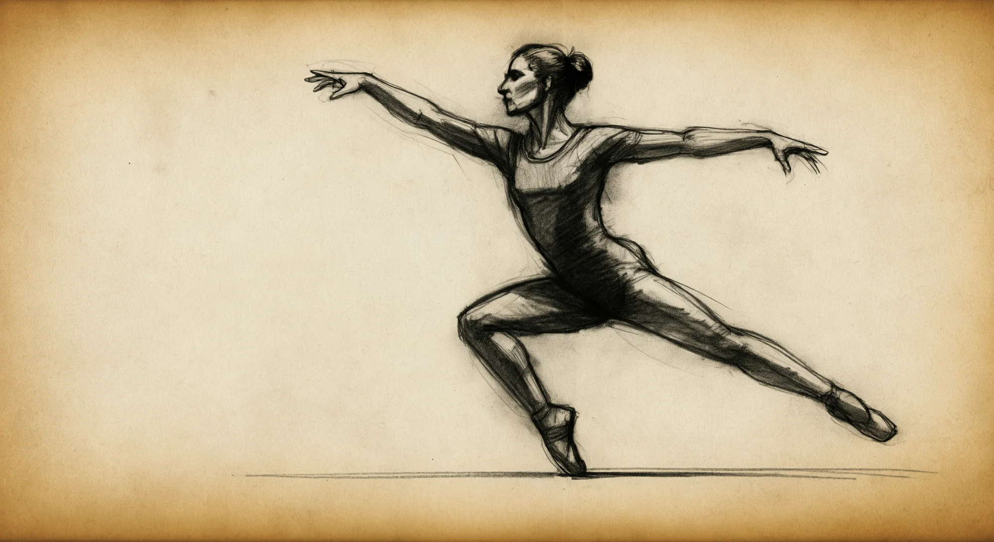Un croquis au fusain d'une danseuse la capturant au milieu d'un mouvement dynamique. Le croquis est réalisé sur du papier parchemin vieilli.
