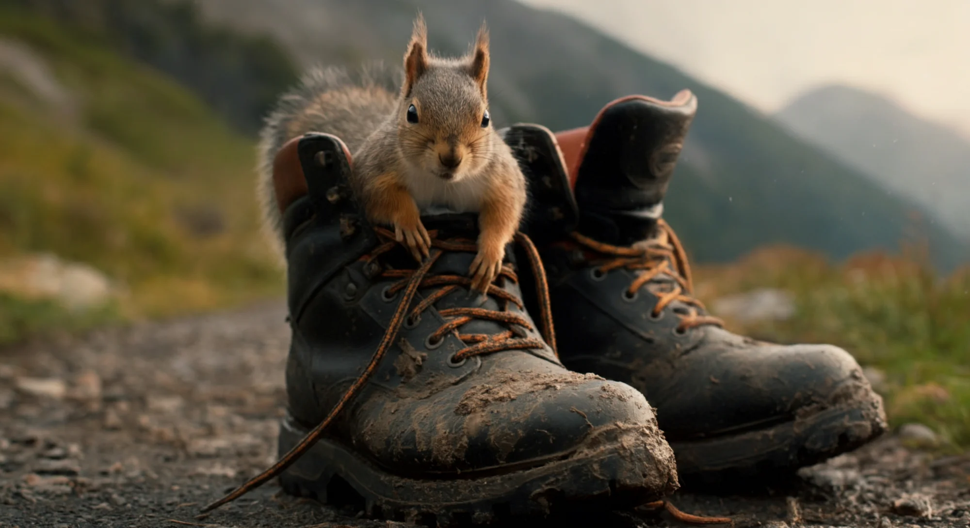 A pair of well-worn hiking boots, caked in mud and resting on a rocky trail. The head of a squirrel is poking out of one of the boots, and it looks lazily at the camera, a little king of its shoe. The laces of both boots fall loosely to the ground. There's a mountainous landscape in the background. Cinematic movie still, high quality DSLR photo.