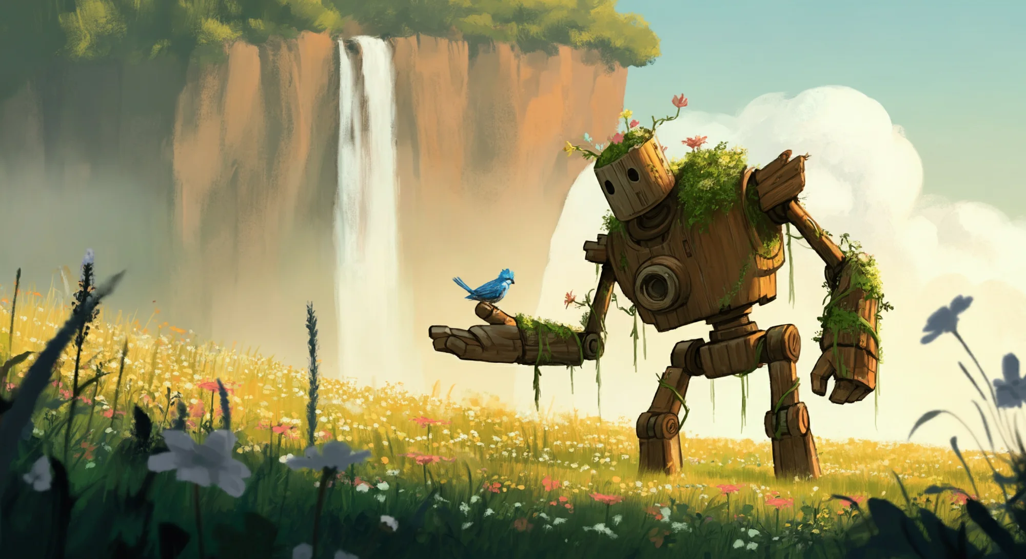 A weathered, wooden mech robot covered in flowering vines stands peacefully in a field of tall wildflowers, with a small bluebird resting on its outstretched hand. Digital cartoon, with warm colors and soft lines. A large cliff with waterfall looms behind.