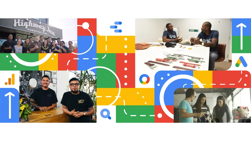 A photo collage of small business owners against a background of blue, green, yellow and red shapes. Inside the shapes are white dots, white dotted lines, and Google product logos, including Google Ads and Google Analytics.