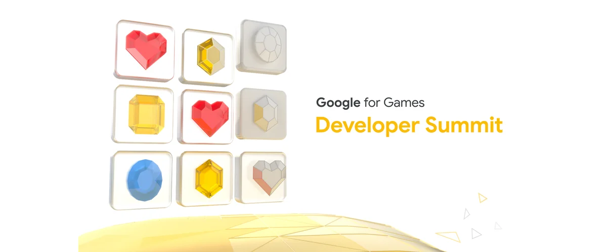 Tile-matching visual featuring heart-shaped, cushion, oval gemstones with “Google for games Developer Summit” text on the right