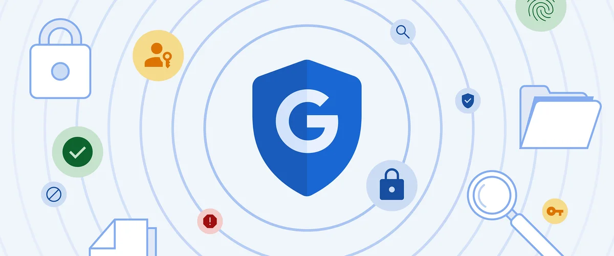 illustration of a lock, a folder and a blue shield with the letter G on it
