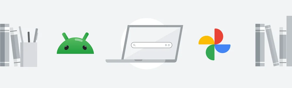 Uma colagem ilustrada de logotipos de produtos do Google, incluindo Android e Google Fotos, cercado por ilustrações em tons de cinza de um laptop exibindo uma barra de pesquisa, livros com lombadas voltadas para fora e um copo cheio de canetas.