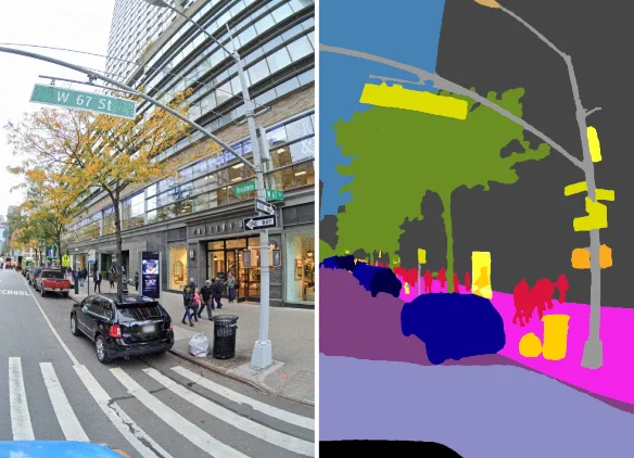 A photo of a crosswalk and a simplified photo that only shows the different types of objects in