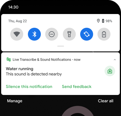 Image shows phone push notification from Live Transcribe & Sound Notifications for water running that states “this sound is detected nearby” along with options to silence the notification and send feedback.