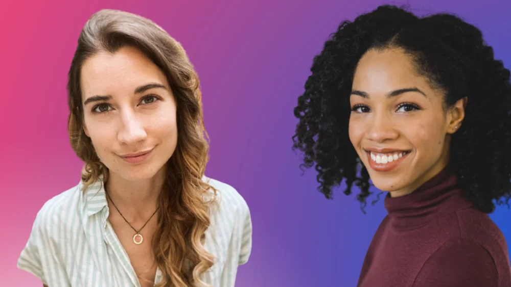 Photographs of two women against a pink-purple background. On the left is a woman with long hair in a striped shirt, on the right is  a smiling woman with curly black hair in a maroon turtleneck.