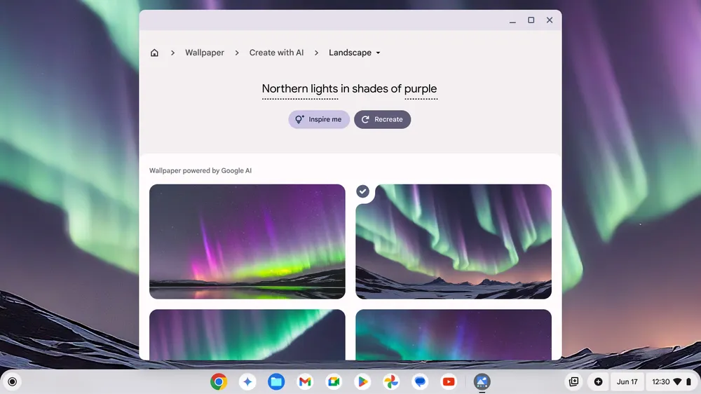 La pantalla del portátil muestra fondos de pantalla de la aurora boreal generados por IA en color violeta