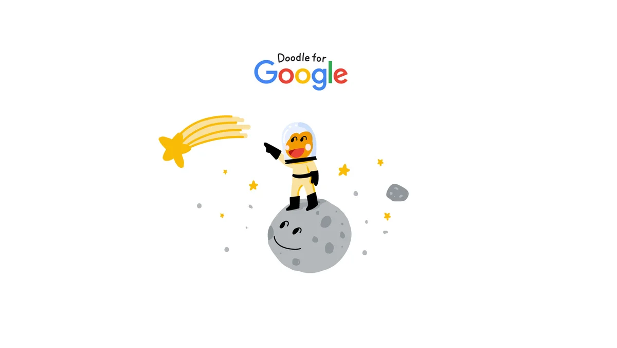 Illustration  of a frog character in space wearing an astronaut suit pointing at a shooting star. The frog is standing on a personified moon who is smiling with stars surrounding the scene. The "Doodle for Google" logo sits overhead.