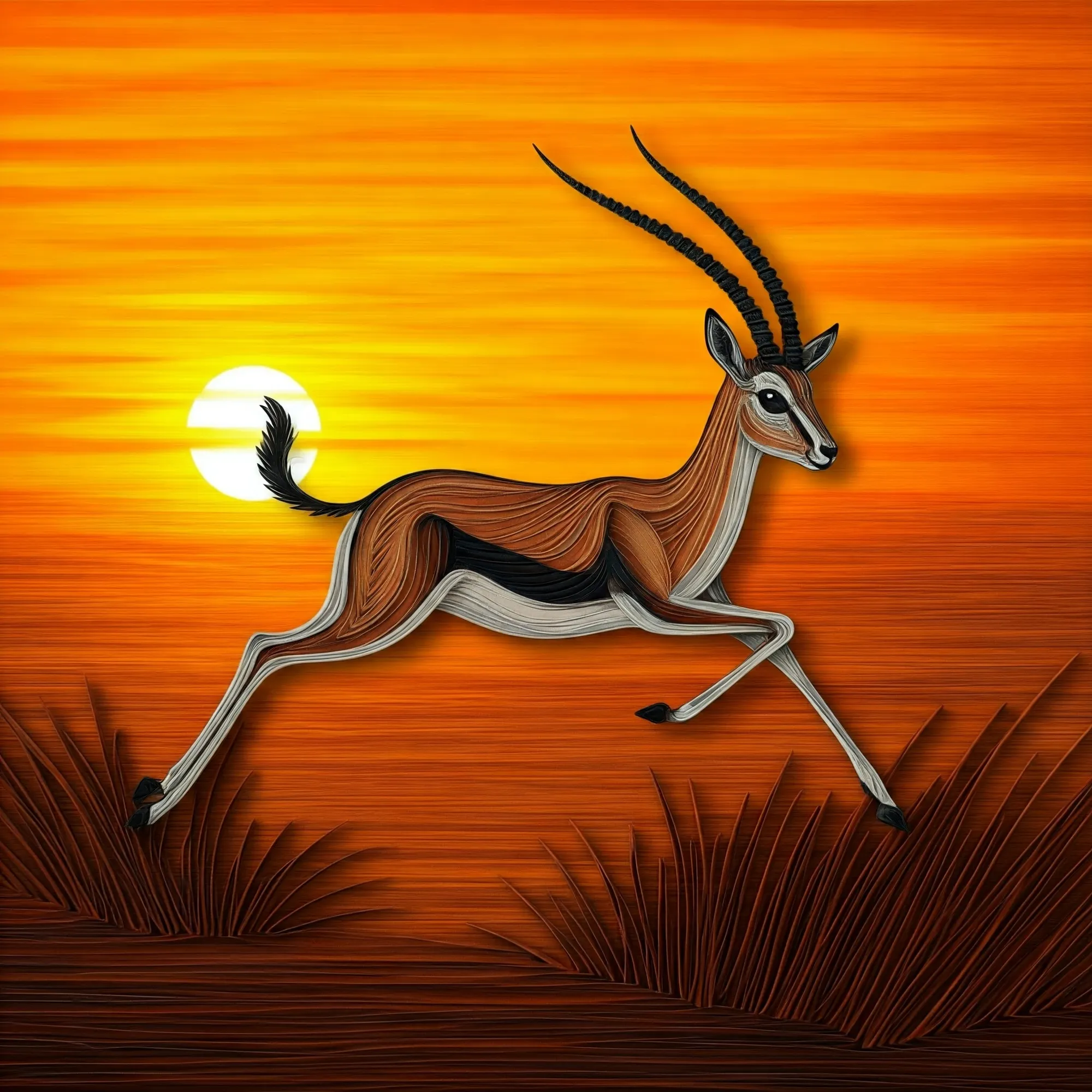 Eine minimalistische Strichzeichnung einer anmutige Gazelle, geformt aus Quilling-Streifen