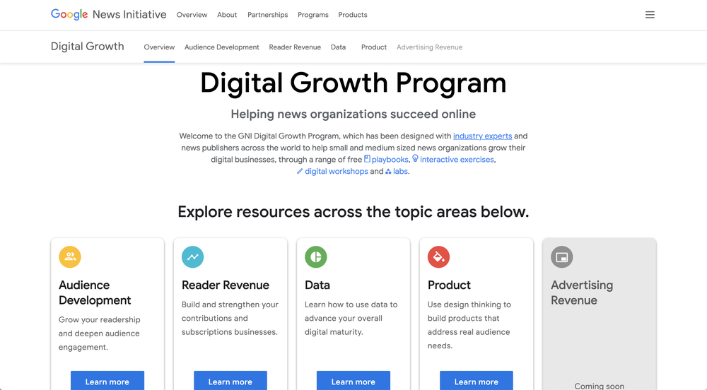 A graphic summarizing the key parts of the Google News Initiative’s Digital Growth Program, including audience development, reader revenue, data and product.