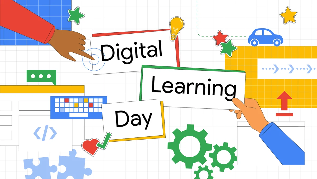 The text "Digital Learning Day" surrounded by illustrations of hands and symbols of technology