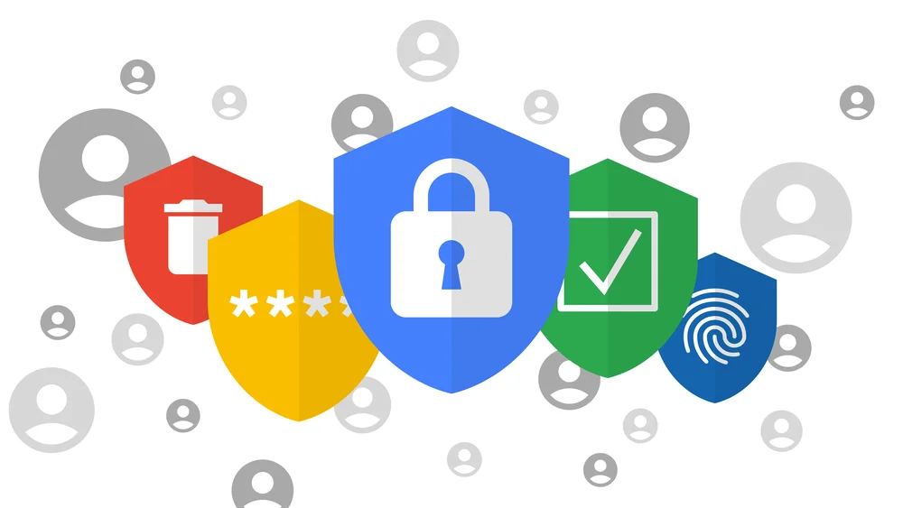Image of several abstract shields in the colors red, yellow, blue, green to represent how Chrome protects a user's privacy and security online.