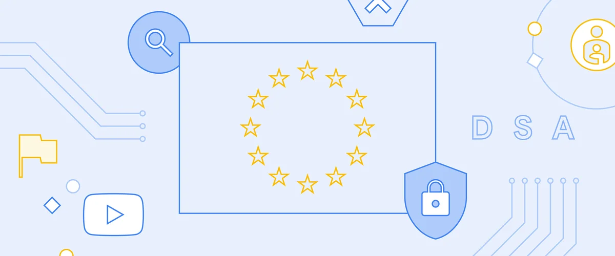 An illustration showing a blue background with a square in the middle containing the stars of Europe, a security shield on one corner and the letters 'DSA" on the right side of the square.