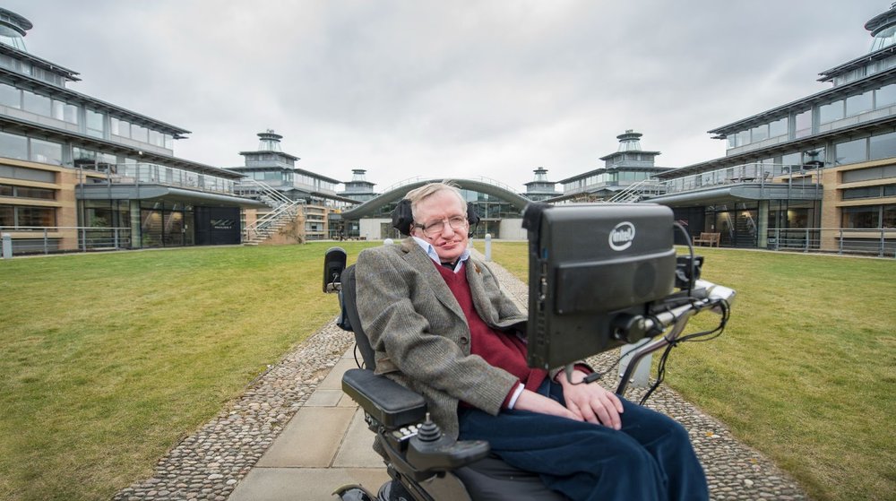 A picture of Stephen Hawking outside the Department of Applied Mathematics and Theoretical Physics, University of Cambridge