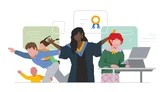 On left is a father giving a piggyback ride to a child with braids while another child clings to his leg. In center, a dark haired, dark skinned woman wears a graduation gown and holds a diploma. On right, a woman with glasses is in front of a laptop.