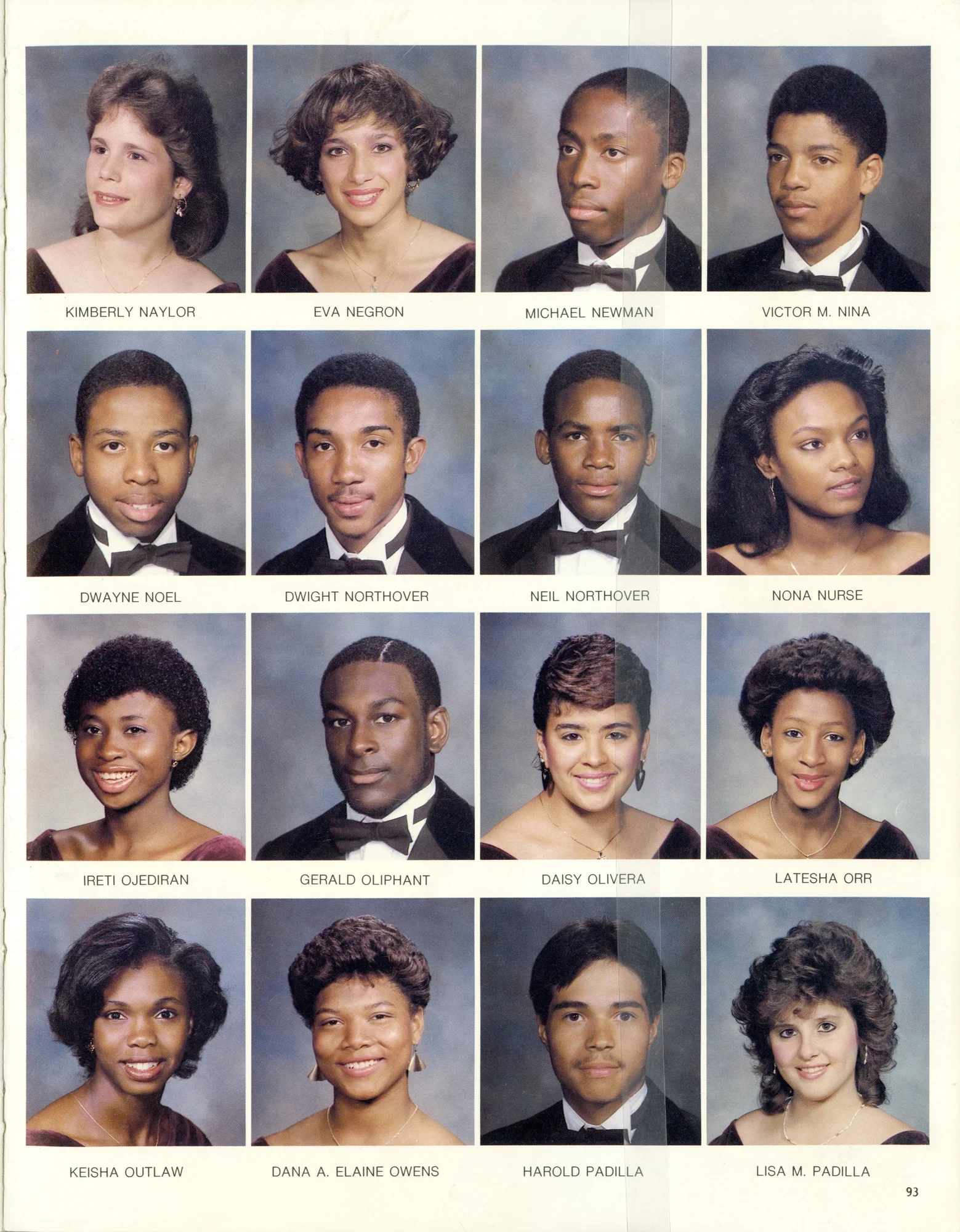 The yearbook of Dana Elaine Owens, better known as Queen Latifah, features her on the bottom row of a page of yearbook photos. Her yearbook photo shows her from the shoulders up, smiling against a gray background with short hair.