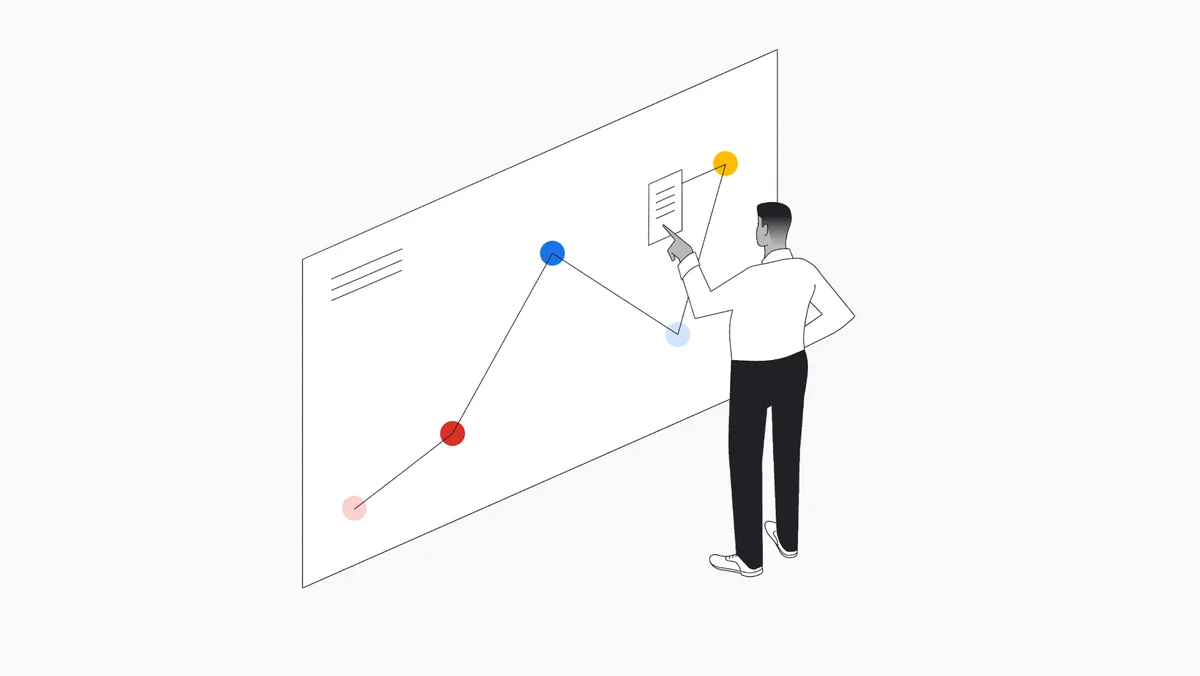 This illustration shows a man standing a white board looking at data points