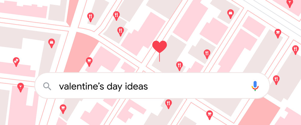 A illustration of a map with a heart icon as a landmark. A Google Search bar is overlayed on top of the map with the query "valentine's day ideas."