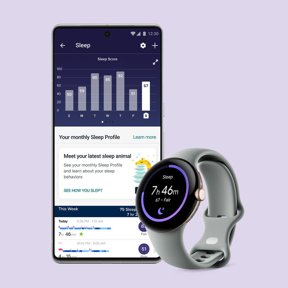 Fitbit Premium Sleep analysis as shown in the Fitbit app, including trends, Sleep Score and Sleep Profile, alongside Sleep Score on a Google Pixel Watch.