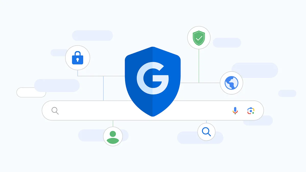 Shield with the Google G in the middle, superimposed onto a search bar with various icons including a lock, a globe and a user icon surrounding the page.
