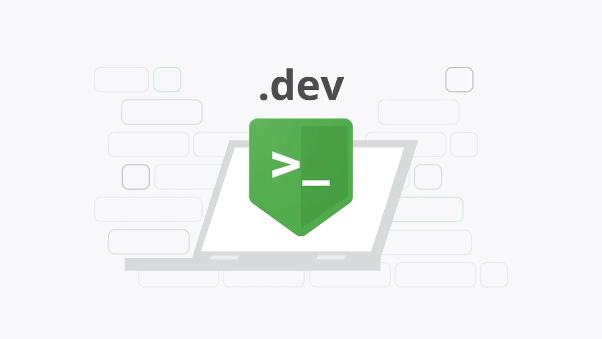 Illustration of the .dev logo, which is a green shield. The logo is floating above a grey laptop. In the background are  the outlines of grey squares and rectangles with rounded corners.