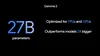 A black screen with the title "Gemma 2." Below this it reads: "27B parameters. Optimized for TPUs and GPUs. Outperforms models 2x bigger."