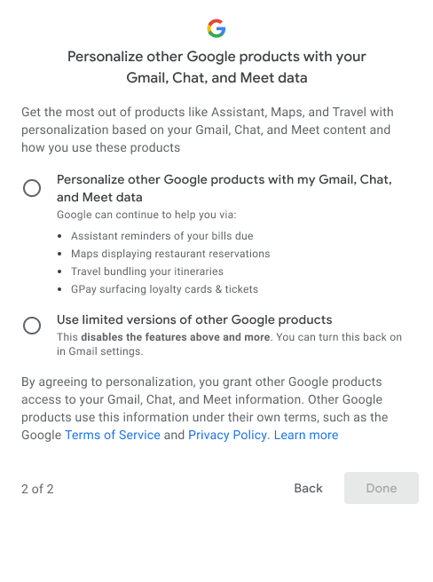 Option to personalize other Google products with Gmail, Chat and Meet data