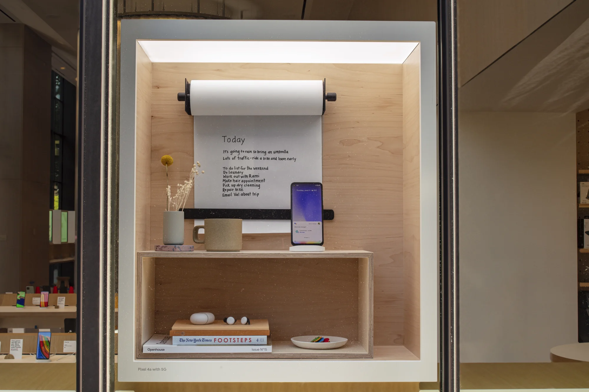 A Pixel phone, coffee cup, vase, books and Pixel Buds stand on a shelf inside a Discovery Box.