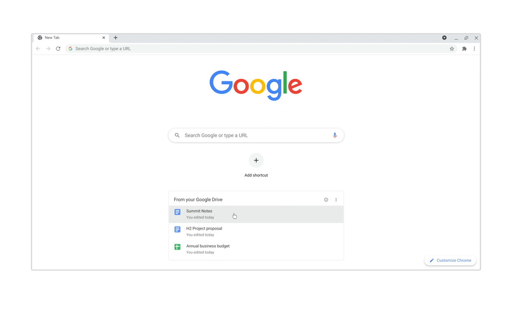 Chrome new tab page with a card containing links to recent Google Drive files below the Search bar