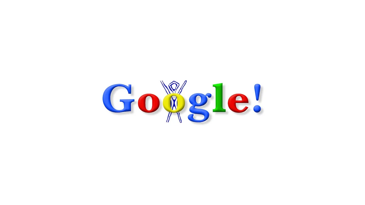 Der Google Schriftzug mit einem Ausrufezeichen am Ende und einem Männchen hinter dem zweiten O
