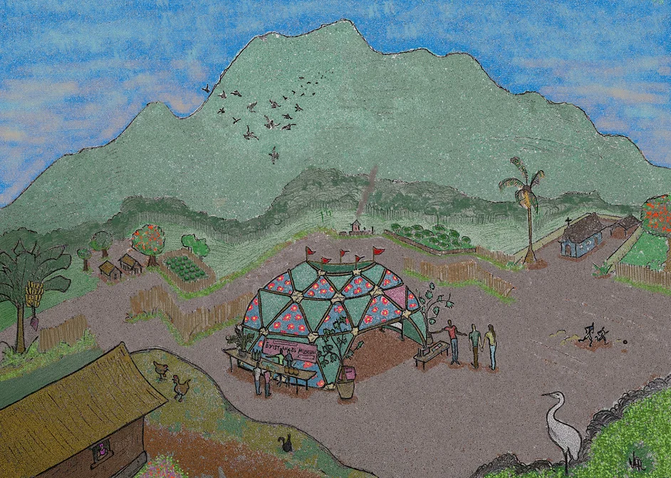 An illustration of a dome in a landscape setting, reimagining what museums for climate action could look like