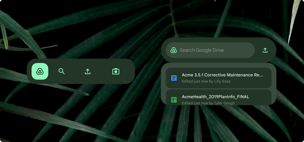 Dark green Android wallpaper showing a bamboo palm. Two Google Drive widgets are overlaid. One showing the quick toolbar options, the other some suggested documents to open.