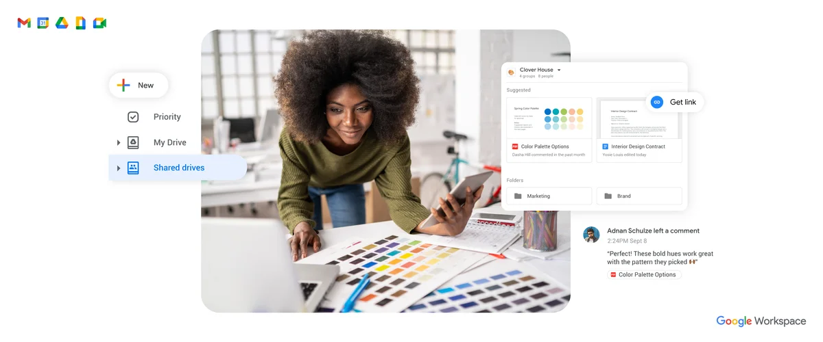 A woman leaning over a desk with a tablet in her hand, reviewing design color swatches. Google Drive screenshots are displayed to show her action items and interactions with colleagues.