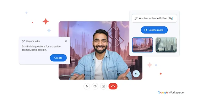 Google Workspace で Duet AI 使用祭の画面と Google Meets を使用中男性の画像。