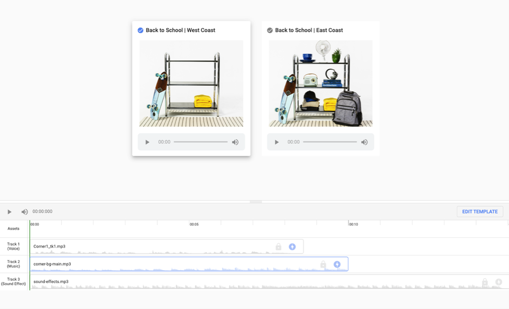 This screen shares what it looks like to create an audio ad, with different lines for editing voice, music and more. There is also an example of two different display creatives that will be used in the campaign.