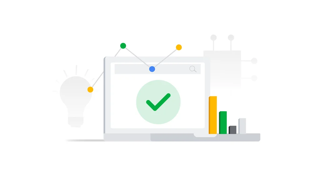 Google Marketing Platform:  Laptop with check mark, charts and light bulb