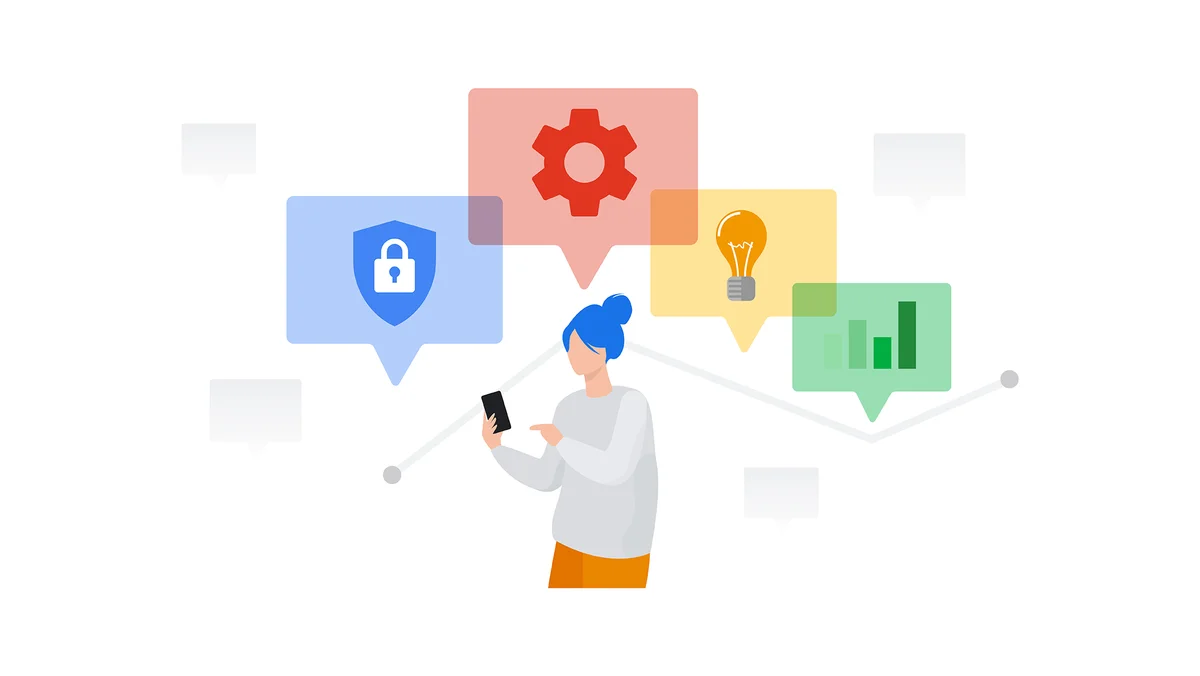 Google Ads - Woman with blue hair on mobile, surrounded by privacy shield, gear, light bulb, bar and graph chart icons.