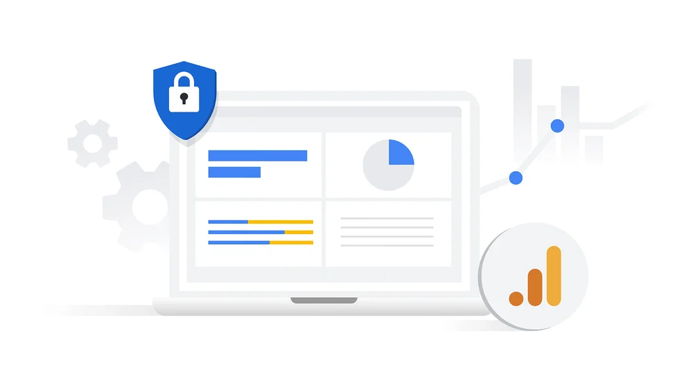 Hero asset: Laptop screen with privacy shield, Google Analytics logo