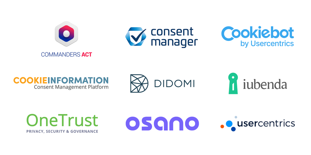 Logos of Consent Management Platforms that are part of the new CMP Partner program including Commanders Act, Consentmanager, Cookiebot, Cookie Information, Didomi, Iubenda, OneTrust, Osano, Usercentrics