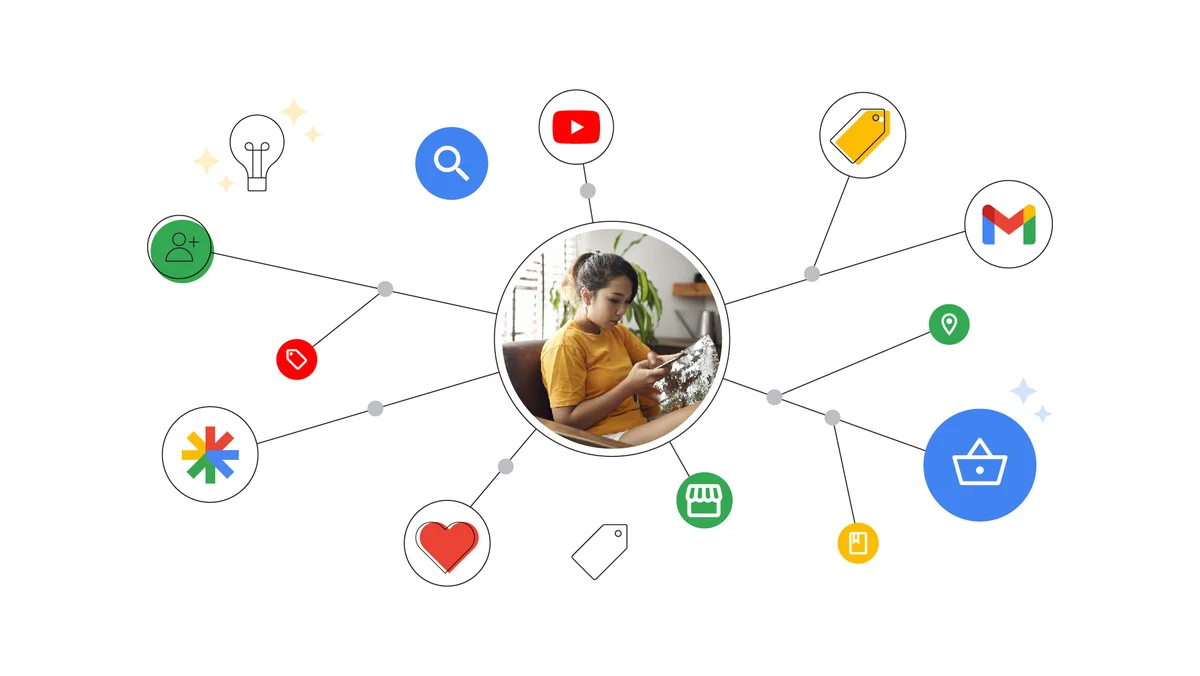 In the center is an image of a woman looking at a phone with multiple connecting lines with different icons on them.