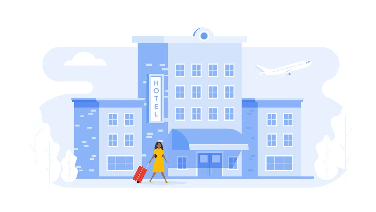 An illustration of a hotel and someone holding a suitcase. There's also a plane in the sky.