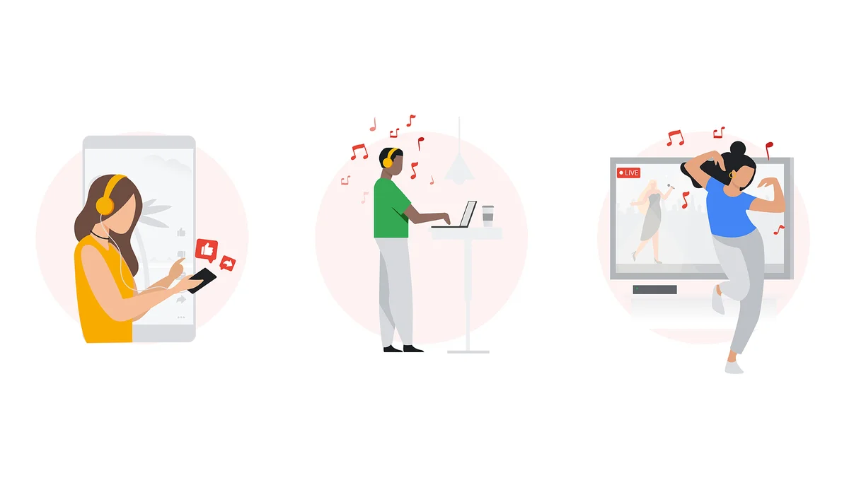 Google Ads: Animation of a person scrolling through Shorts with their headphones in, listening to music while they work, and dancing along to a concert on CTV