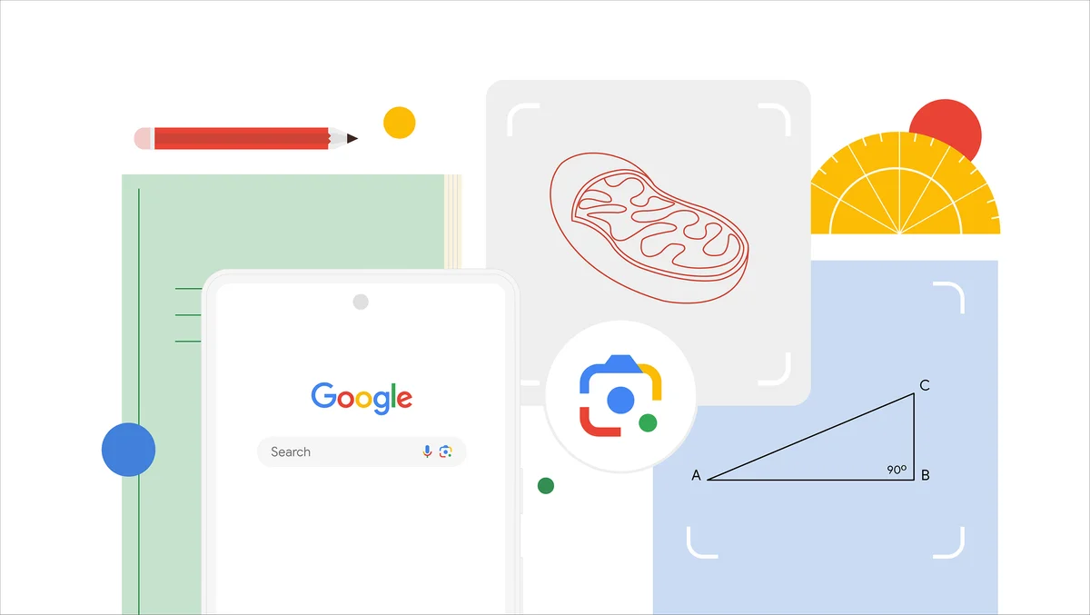 Blog post hero image containing a phone with the Google homepage on the screen, a Google lens logo, and other educational diagrams.