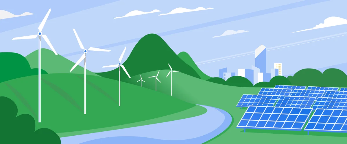 Illustration of a wind farm and solar panels with a city in the background.