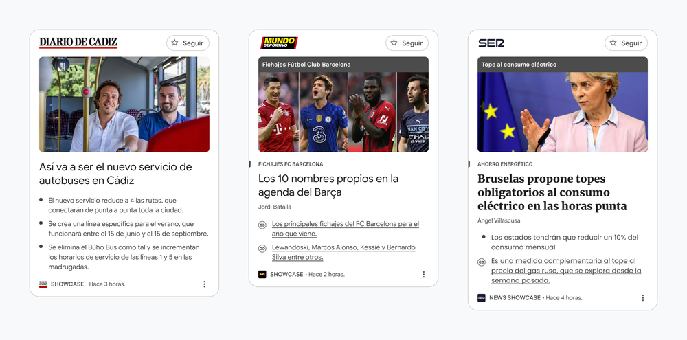 This image shows three different examples of how News Showcase panels can look with Spanish publishers - here Diario de Cadiz, Mundo Deportivo and SE12