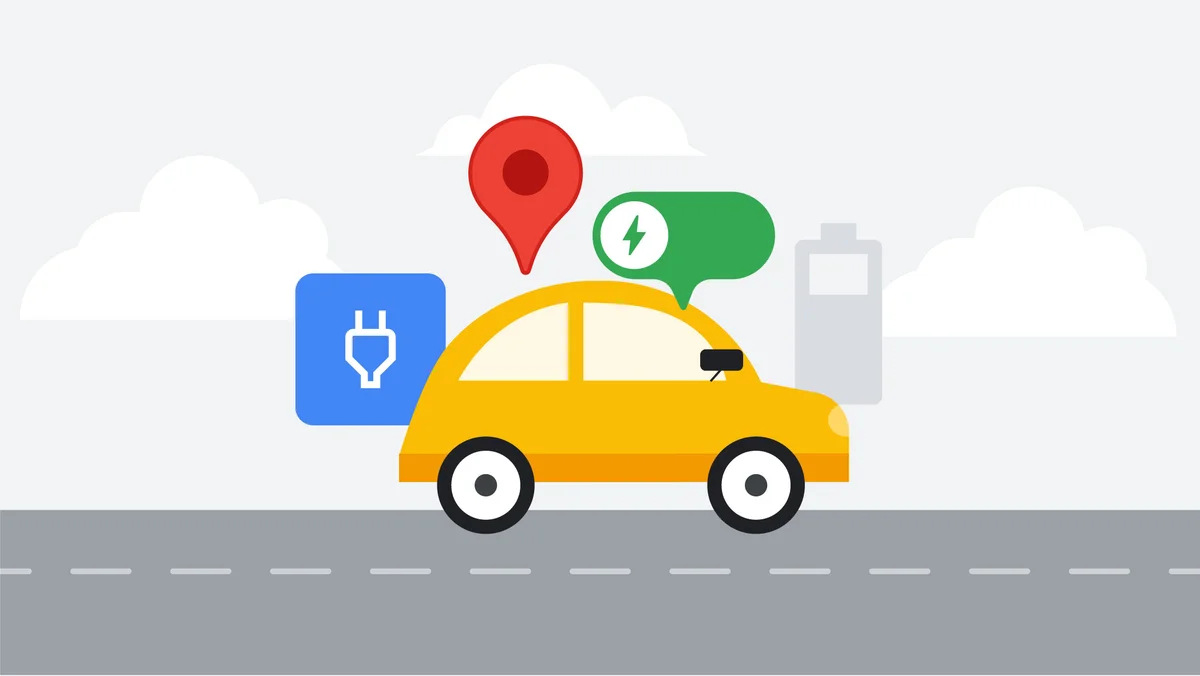 Eine Illustration zeigt ein gelbfarbenes Auto, das auf einer geraden Straße fährt. Es wird umkreist vom Google Maps-Logo sowie von drei weiteren Symbolen, die E-Mobilität verdeutlichen sollen.