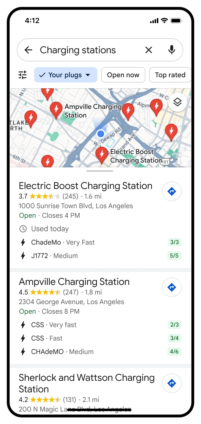 A video of a phone screen shows someone using Google Maps to search for EV chargers. From the list of chargers they select an option that specifies “your charges” so they only see chargers compatible with their car. They scroll through the options to learn more about the charger speeds and when they were last used. They tap on an option and are taken to that location’s page on Google Maps.